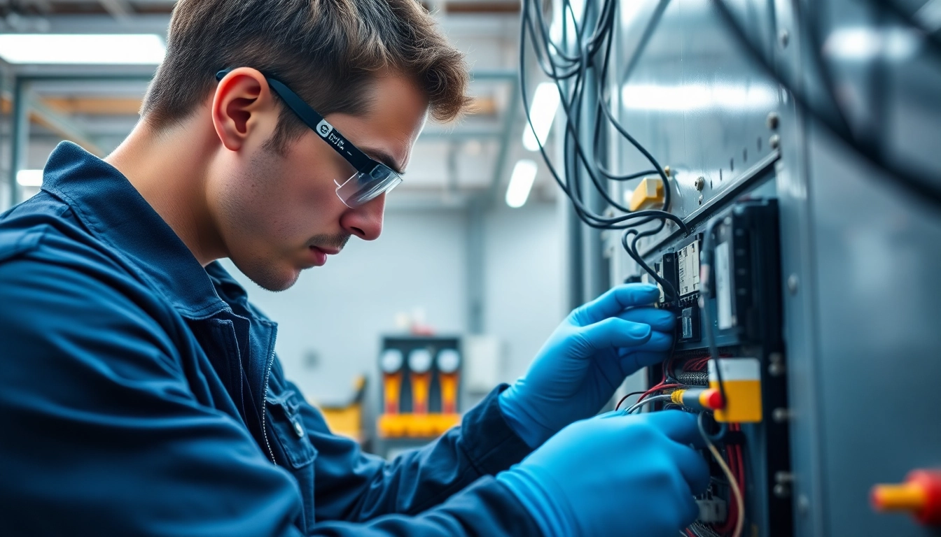 Performing electrical maintenance with tools in a safe industrial setting, ensuring functionality.