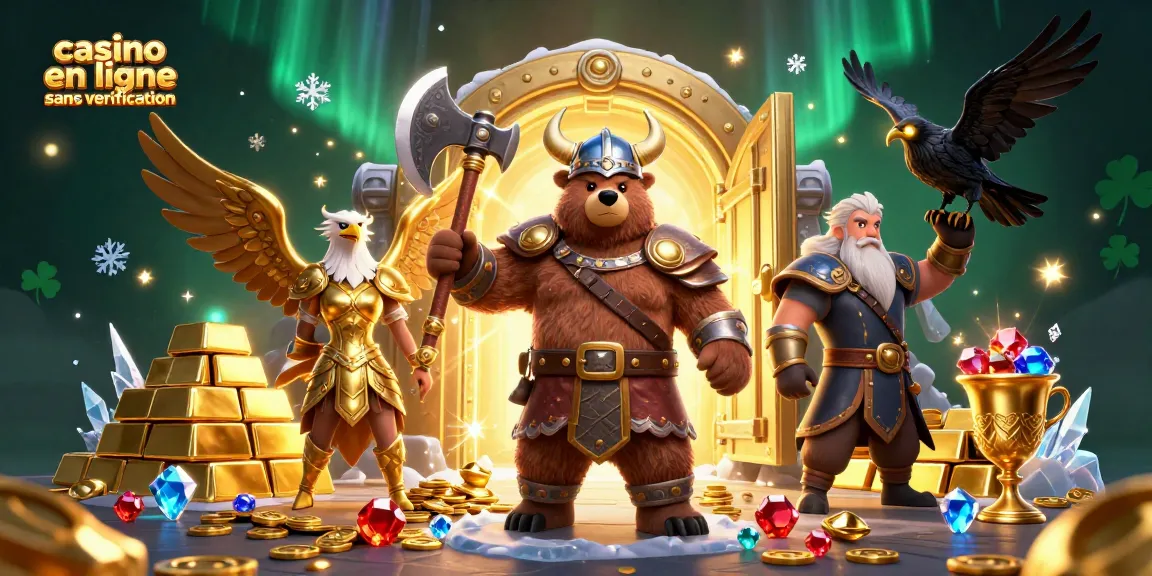 Déposez et jouez dans un casino en ligne sans vérification, avec des personnages de vikings et des trésors scintillants.