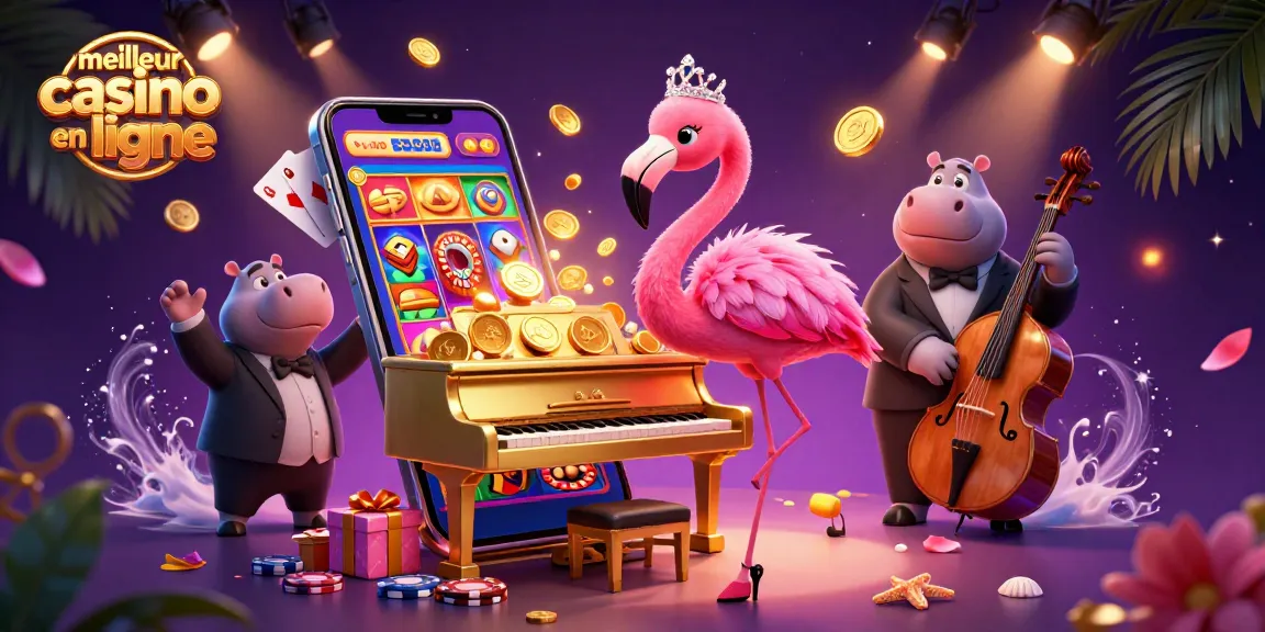 Illustration dynamique du meilleur casino en ligne avec des personnages de casino animés et des jeux de machine à sous colorés.