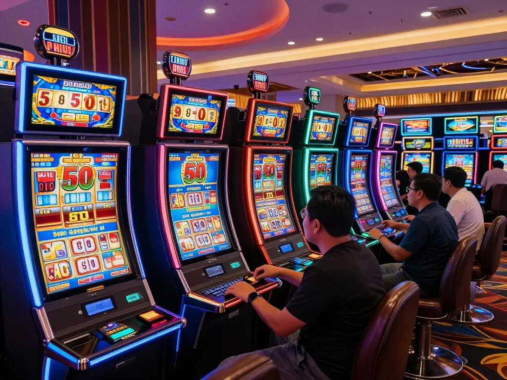 Players enjoying slot bet 50 at a vibrant casino featuring colorful machines and a lively atmosphere.