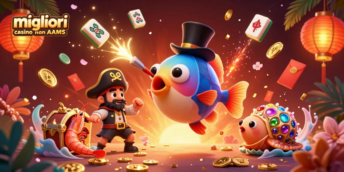 Scopri i migliori casino non AAMS con un'illustrazione vivace di pesci, monete d'oro e atmosfera festosa.