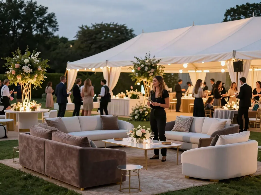 Event furniture rental setup at a luxurious outdoor gathering with elegant seating and decorations.