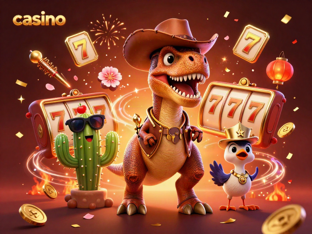 Immerse in the casino excitement with a 3D T-Rex cowboy and vibrant gaming elements.