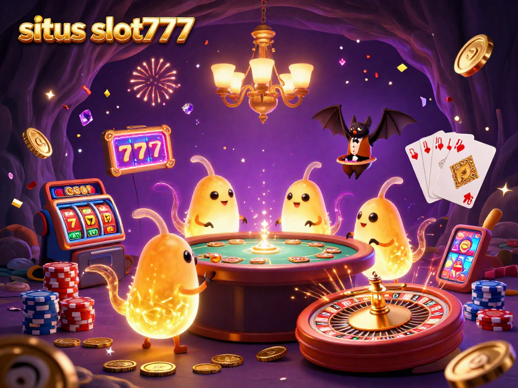 Sparking gems and coins cascade around the glowing glowworms in the situs slot777 online casino illustration.