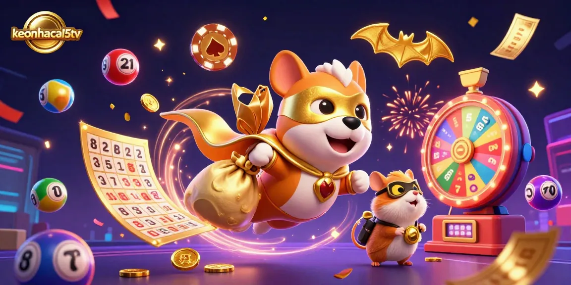Join keonhacai5tv's thrilling adventure as a superhero dog flies with gold coins, surrounded by vibrant lottery elements.