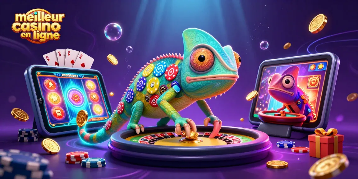Le meilleur casino en ligne : illustration d'un propriétaire caméléon, attirant des jetons et des pièces