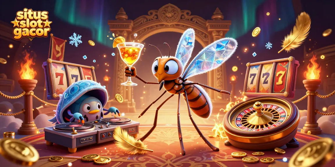Engage with situs slot gacor featuring unique characters like an amber mosquito and trilobite DJ in a vibrant casino scene.
