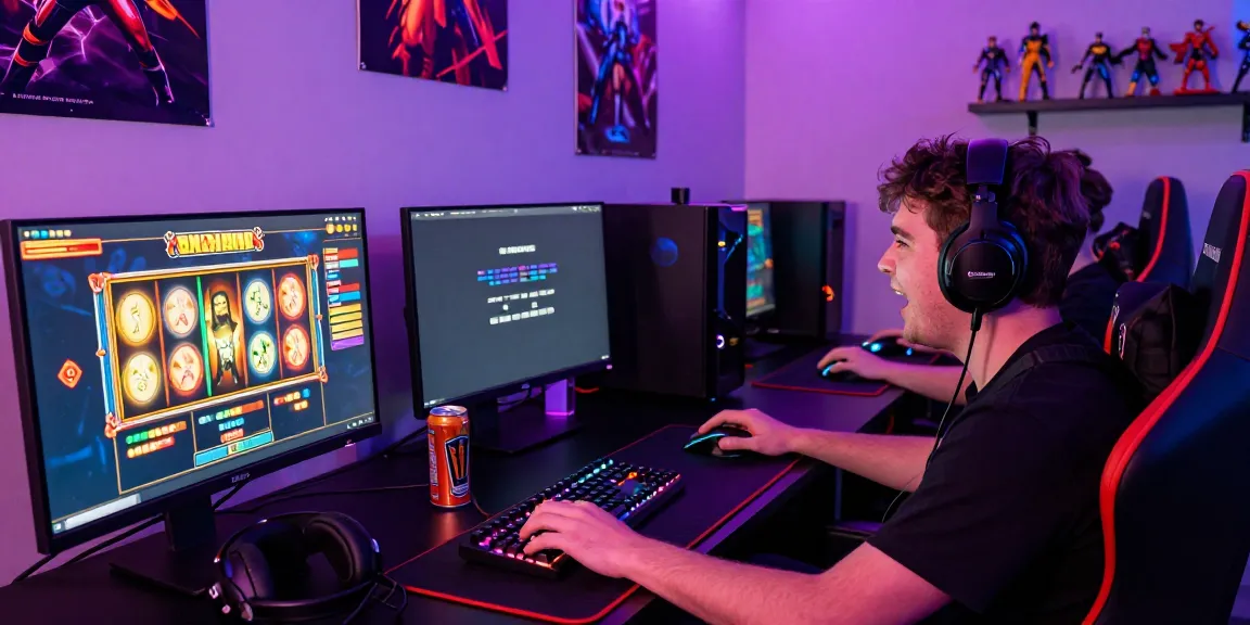 Pemain slot777 fokus di permainan online dengan monitor berwarna-warni dan perangkat gaming di meja.