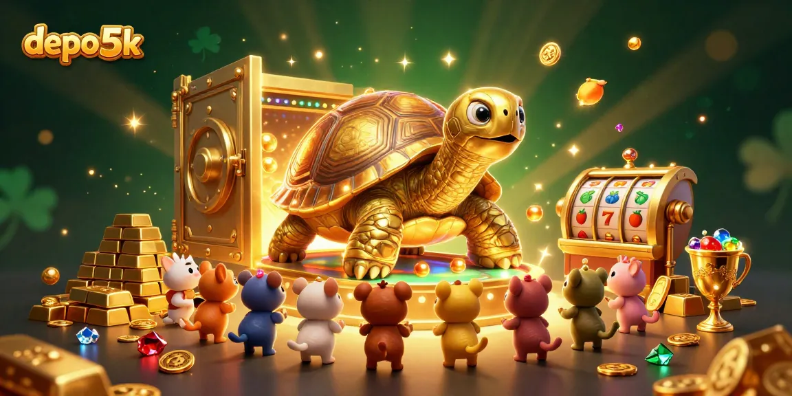 Experience thrilling gameplay with depo 5k as golden tortoise and coins create excitement in a vibrant casino environment.