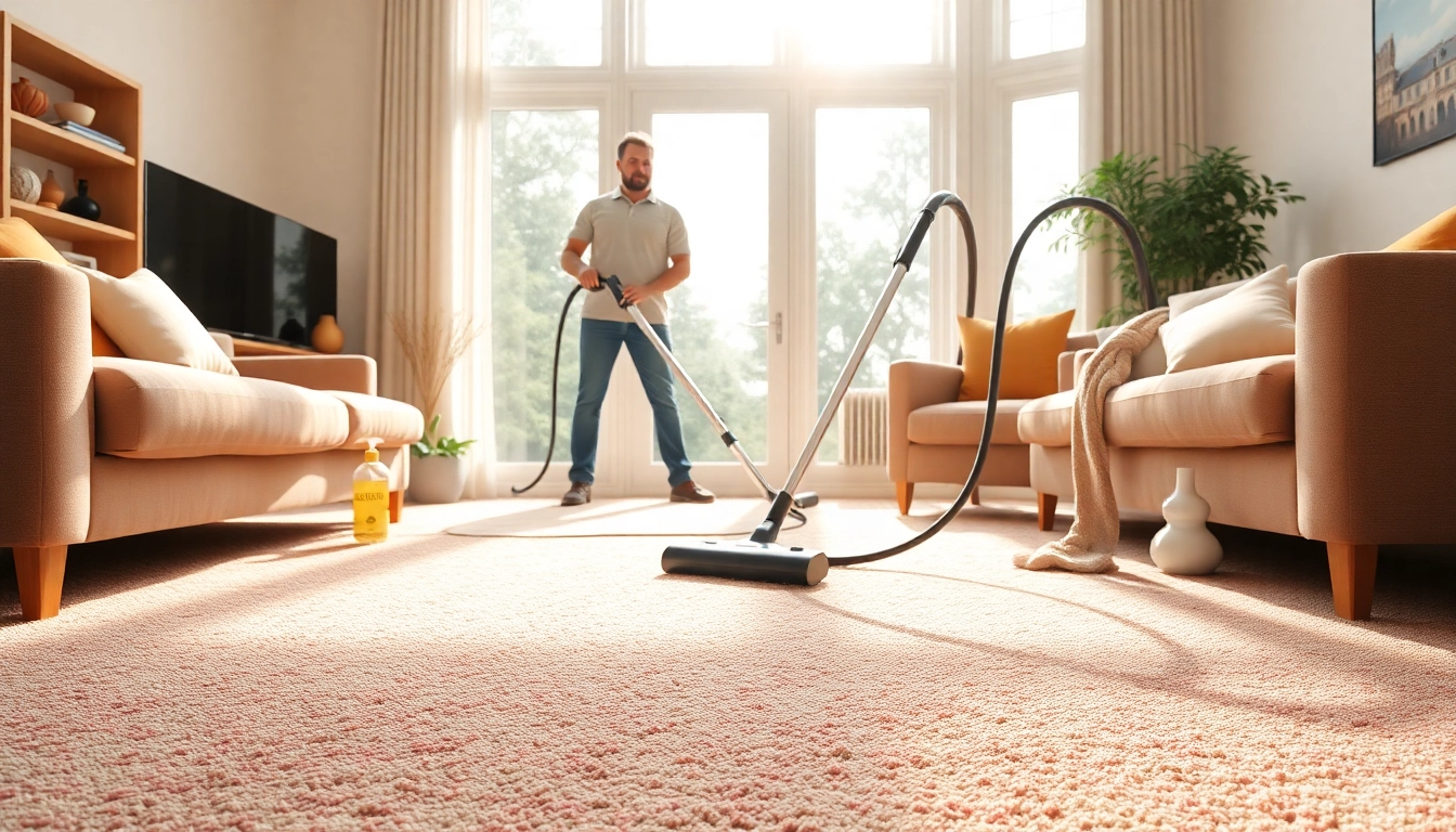 Find the best carpet cleaners near me professionally cleaning a bright living room carpet.