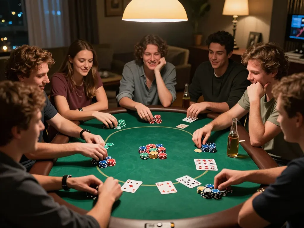 Engaged friends enjoying a competitive poker night at home using tg88-bm for enhanced gaming experience.