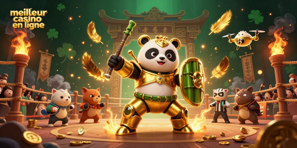 Plongez dans l'univers du meilleur casino en ligne avec un panda doré combattant dans une arène.