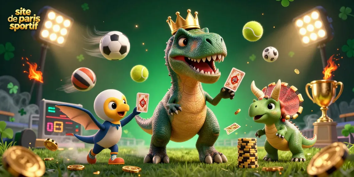 Visualisez un paysage de paris sportif captivant avec un T-Rex, assistant pterodactyle et triceratops, mêlant sport et jeux d'argent.
