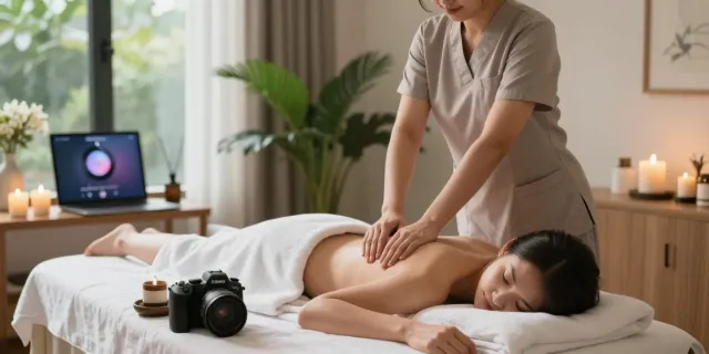 Serene in-home massage experience featuring 주안출장마사지 with a professional therapist comforting a client.