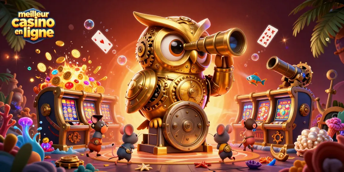 Venez découvrir le meilleur casino en ligne avec une scène animée de machines à sous et personnages détaillés.