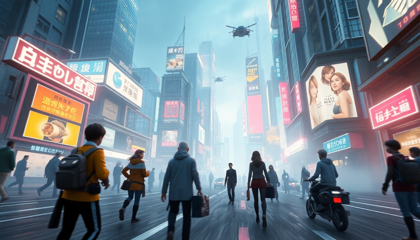 3D Animation of a futuristic cityscape with interactive characters illuminated by bright neon lights.