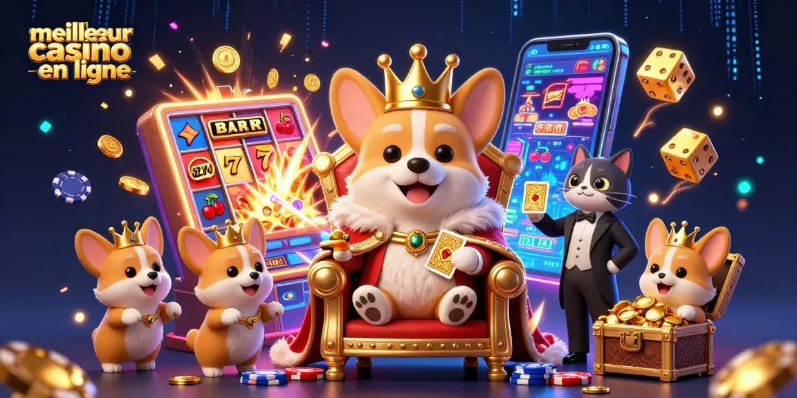 Le meilleur casino en ligne avec un corgi royal et un chat majordome dans un décor de jeux animés.