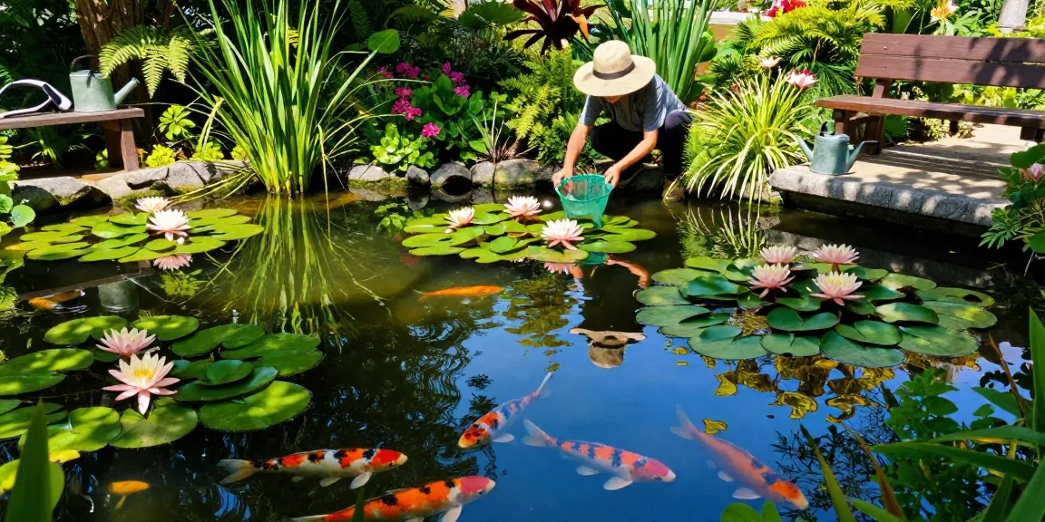 Water Lilies in a serene garden pond with a person tending to blooms.