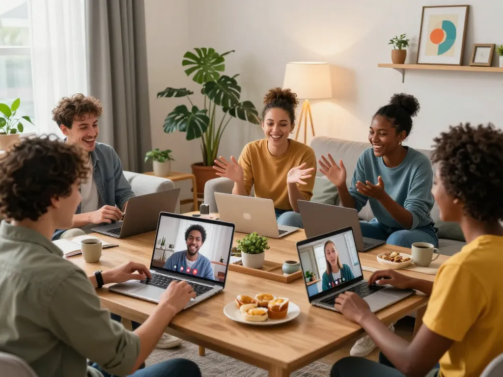 Engaging video chat among friends discussing ia +18 topics in vibrant home settings.