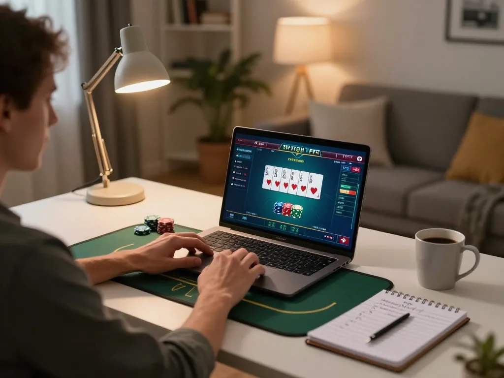 Player engaging in online poker at home, demonstrating responsible gaming strategies with sc88-bm.