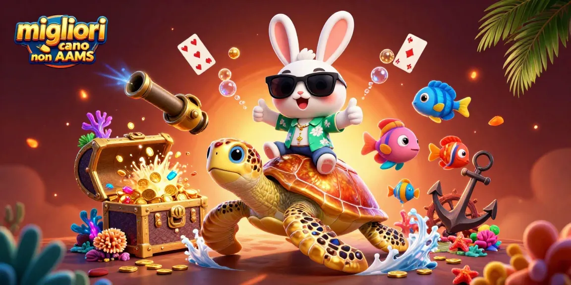 Scopri i migliori casino non AAMS in un'illustrazione vibrante con un coniglio fortunato e una tartaruga d'oro.