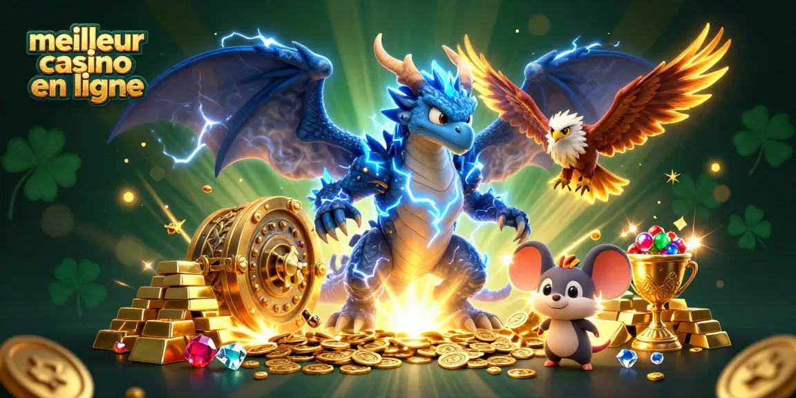Vivez l'aventure du meilleur casino en ligne avec ce dragon, faucon et souris d'orage au milieu de trésors.