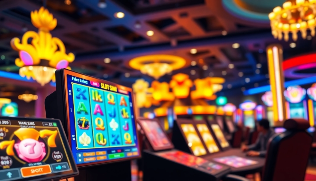 Bermain Slot77 dengan antarmuka permainan yang penuh warna dan suasana kasino yang menarik.
