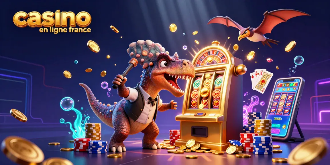 Illustration de casino en ligne France avec un pachycéphalosaurus jouant à une machine à sous dorée et un ankylosaure en panique.