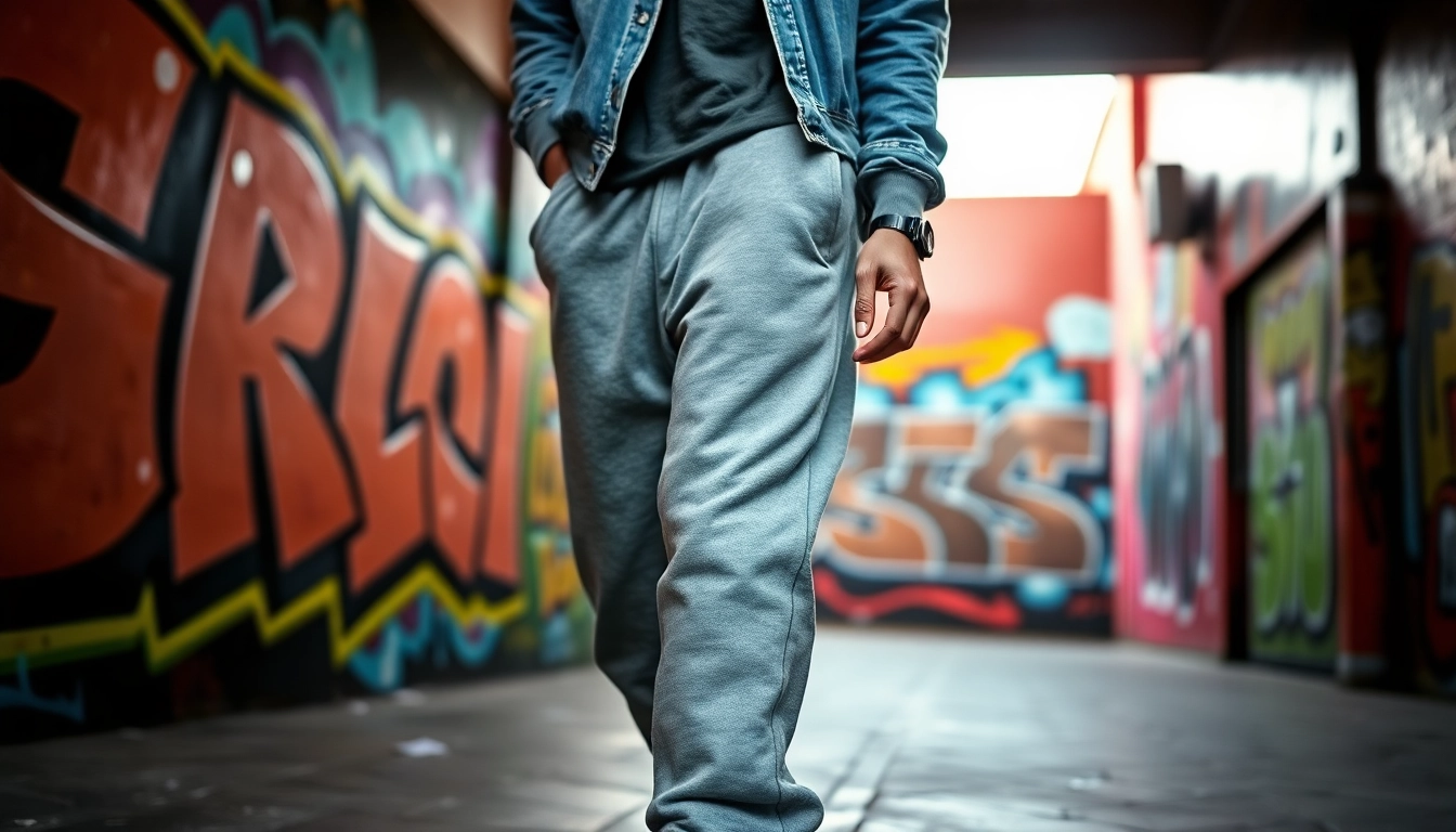 Model showcasing stylish baggy sweatpants against vibrant street art background.