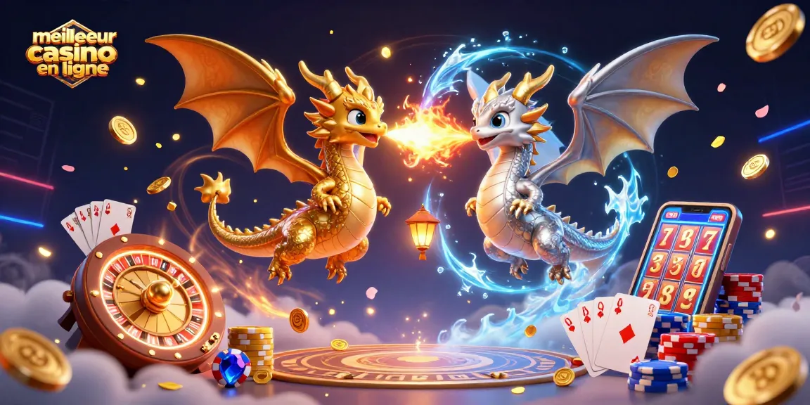 Jouez sur le meilleur casino en ligne avec l'illustration de dragons 3D entourés d'éléments de jeu captivants.