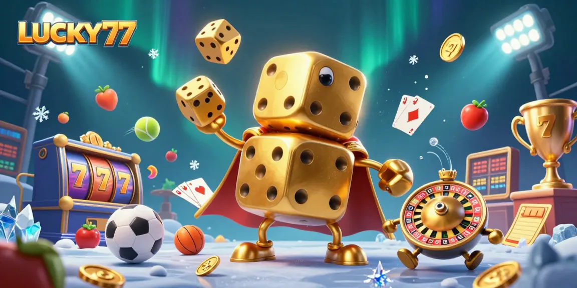 Experience the excitement of LUCKY77 with a dynamic casino scene featuring golden dice and slot elements.