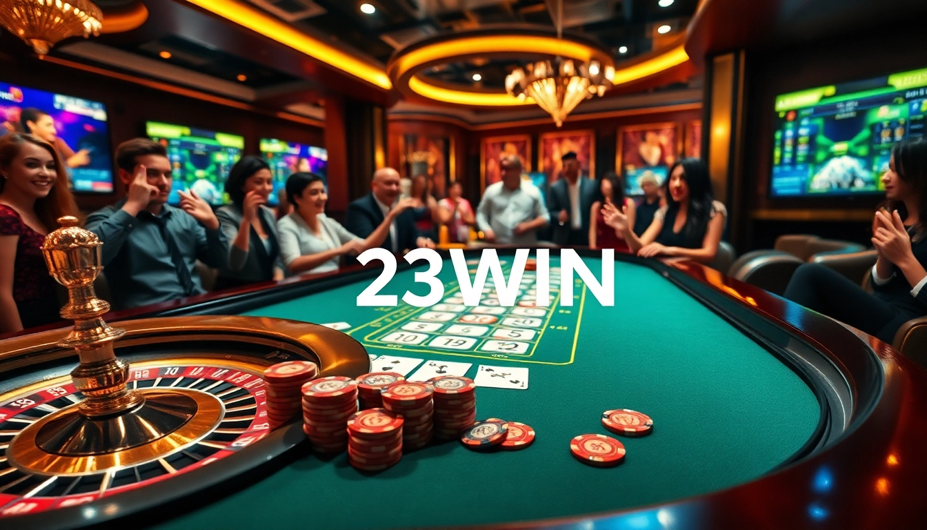 Exciting gambling scene featuring poker chips and roulette wheel with 23WIN logo.