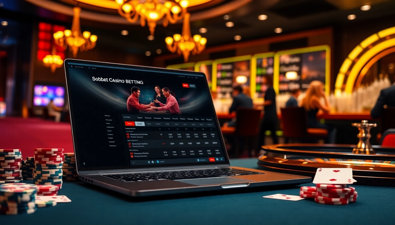 sbobet online betting interface with casino elements, showcasing gambling excitement and luxury.