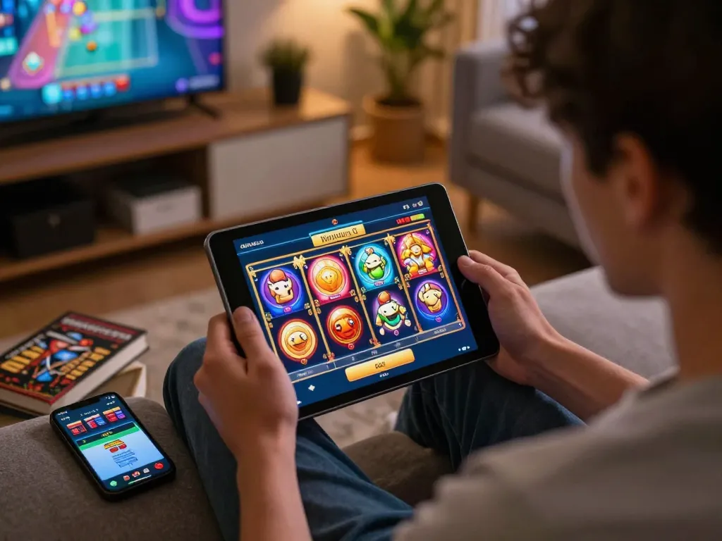 Engaging in slot gacor hari ini online gaming session on a tablet in a cozy living room.