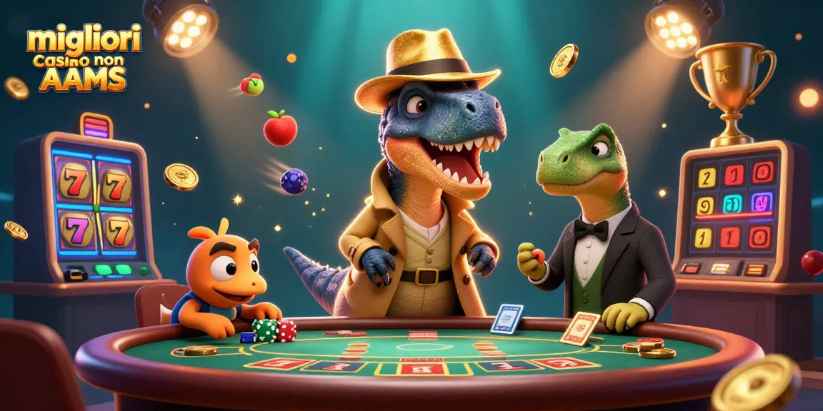 Visualizza i migliori casino non AAMS con dettagli su slot e premi in un'illustrazione vivace di un casinò.