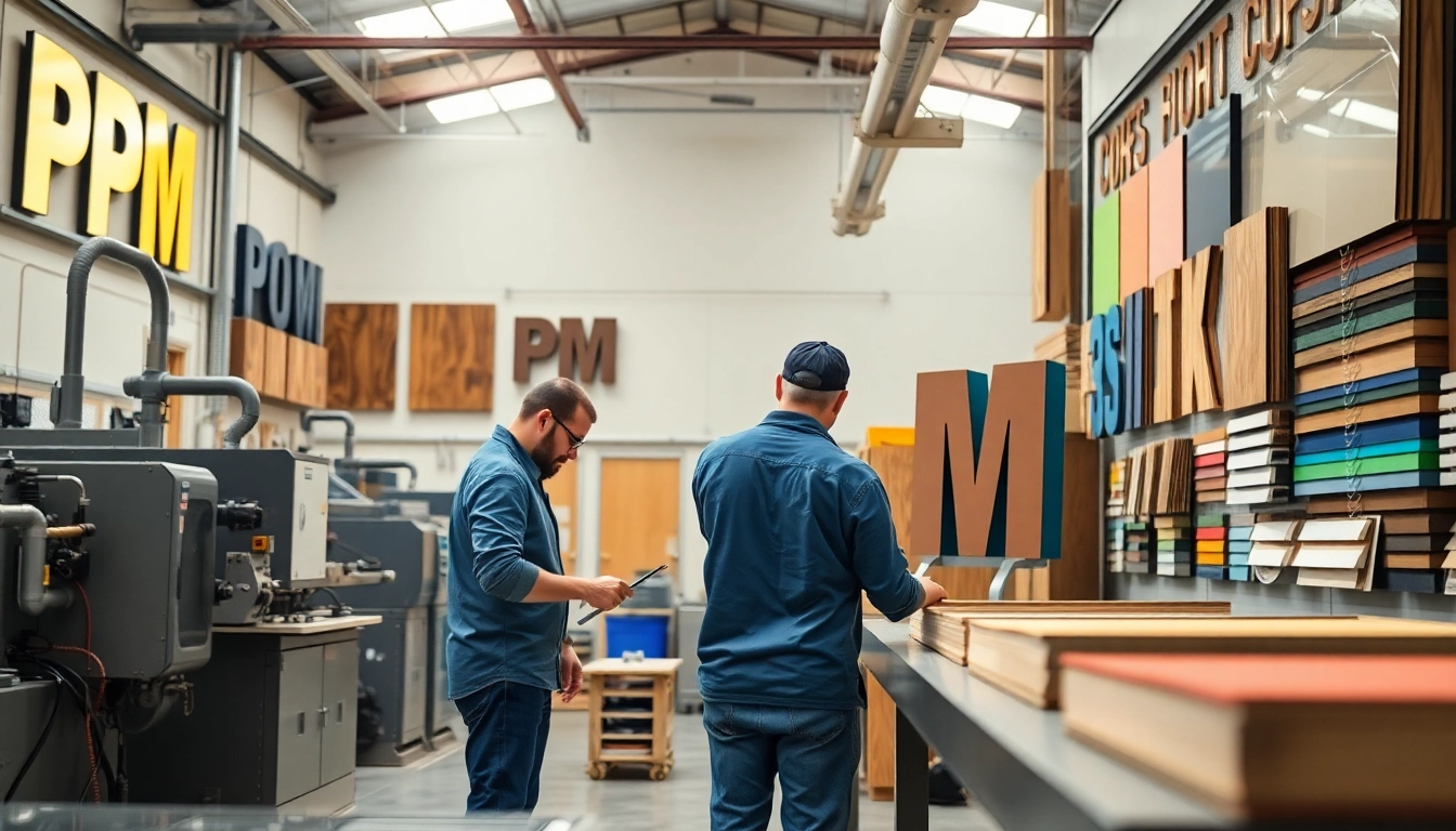 Creating custom pm signs with a professional team in a vibrant workshop environment.