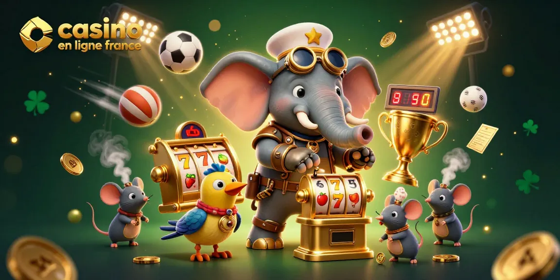 Illustration captivante sur le thème casino en ligne France avec un éléphant steampunk opérant une machine à sous dorée.