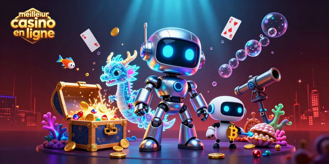 Illustration dynamique du meilleur casino en ligne avec un robot futuriste, un dragon holographique et un drone en pleine action.