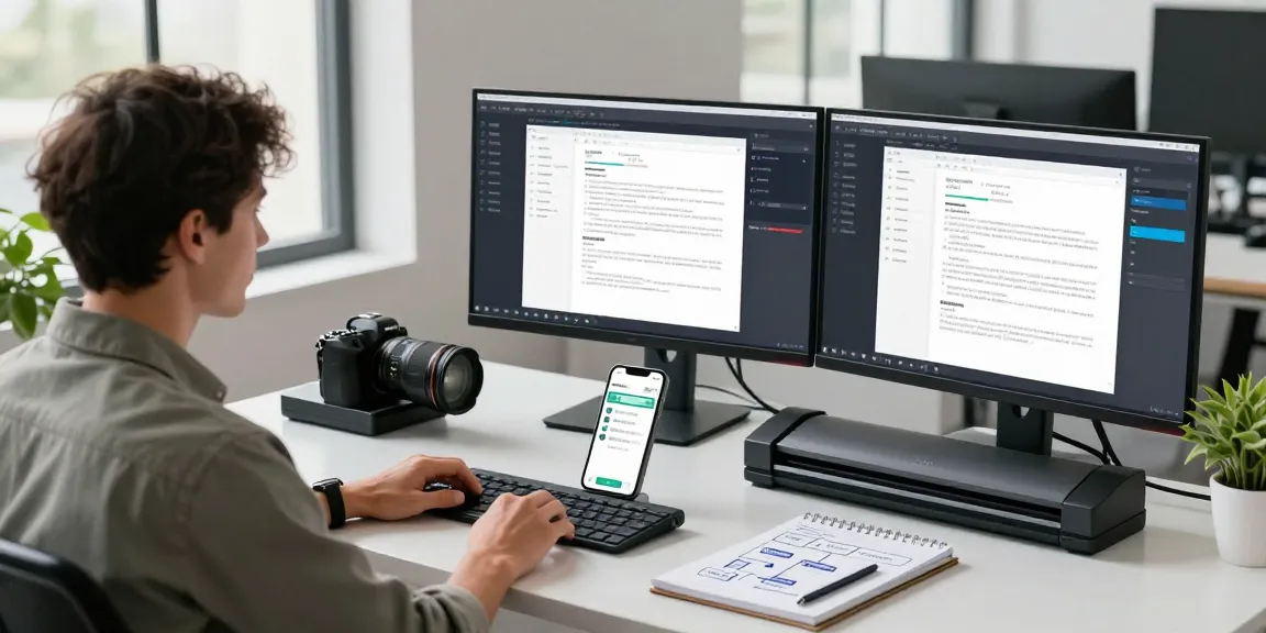 Detect PDF fraud with advanced AI technology in a modern workspace featuring high-tech scanning tools and digital verification screens.