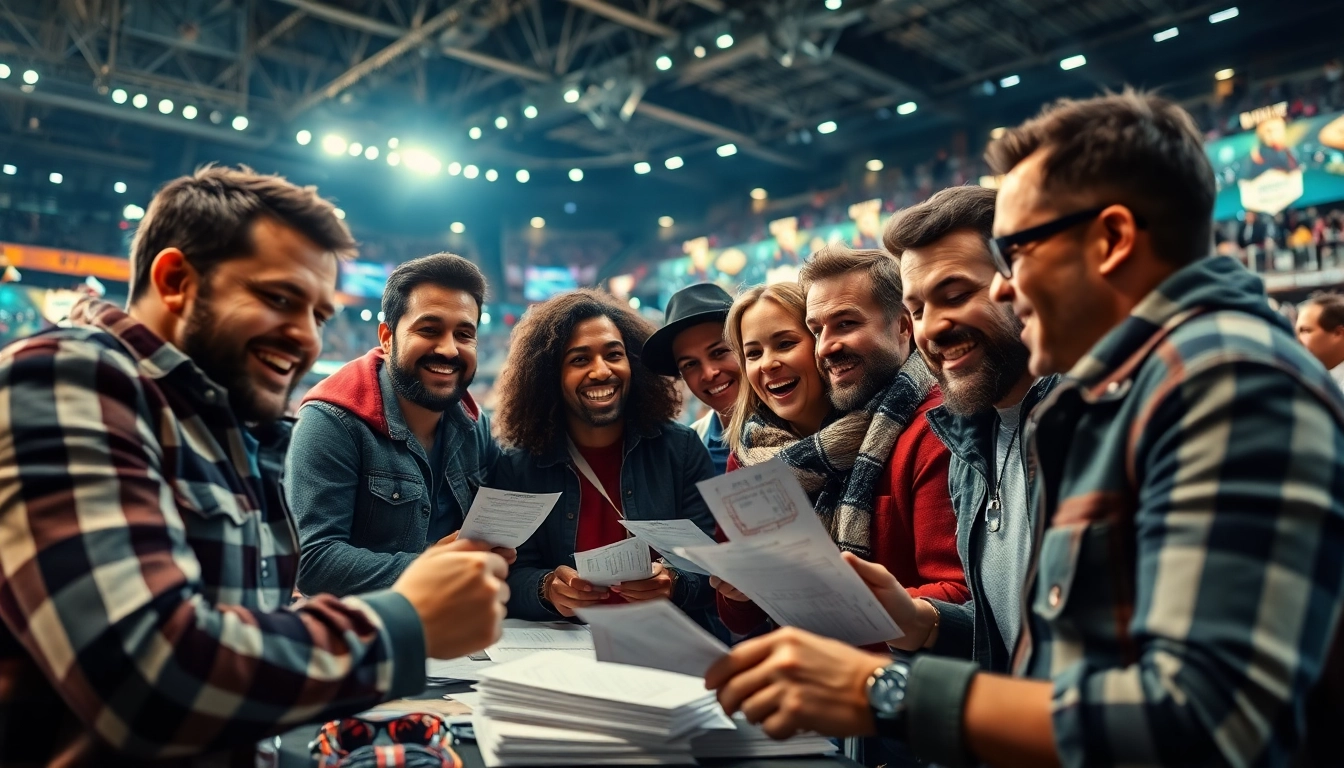Engaged bettors in a sports arena exploring sports betting sites India.