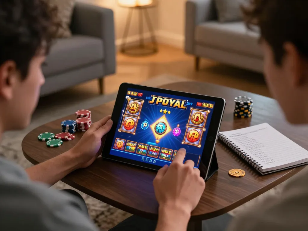 Player enjoying JPROYAL slot games on a tablet in a cozy living room.