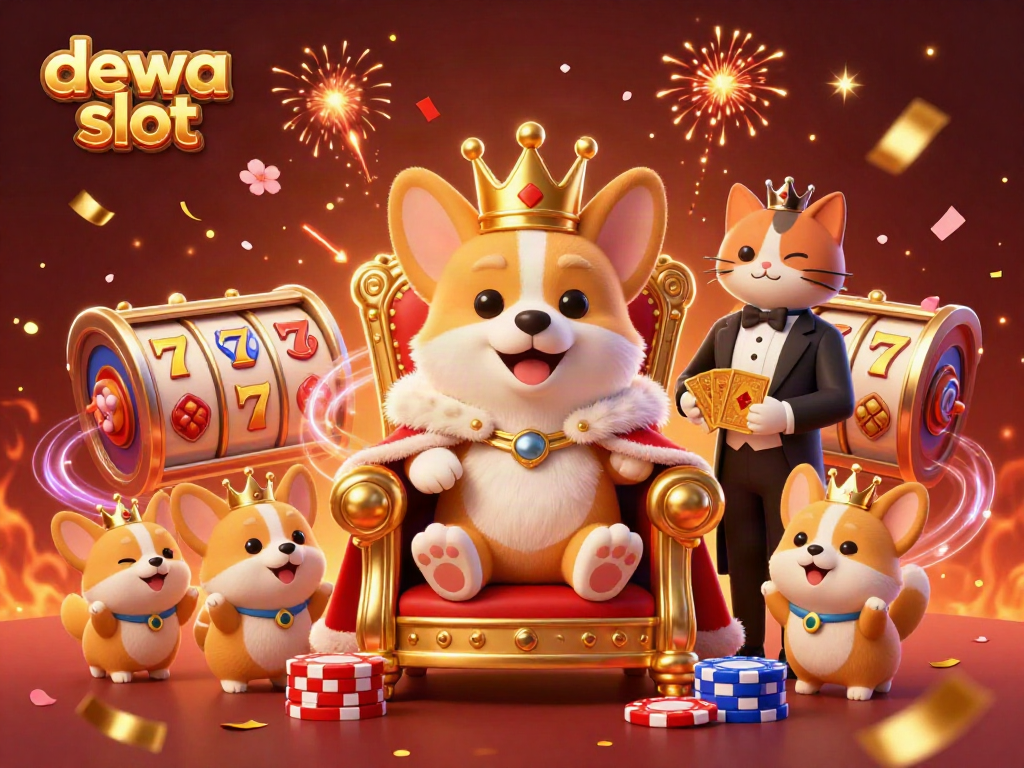 Ilustrasi 3D dewa slot yang menampilkan corgi kerajaan serta elemen slot sambil merayakan kemenangan dalam suasana yang meriah.