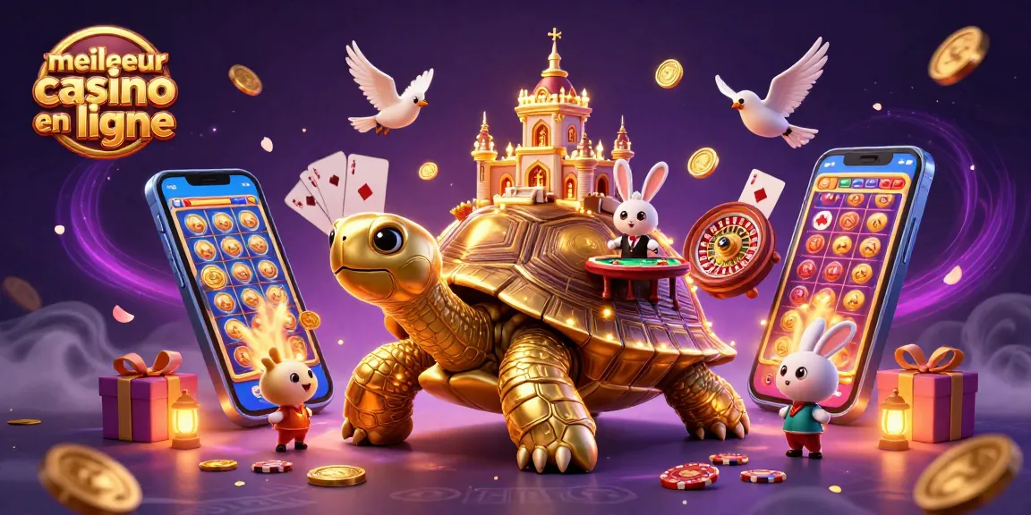 Jouer au meilleur casino en ligne avec une tortue dorée géante et un croupier lapin.