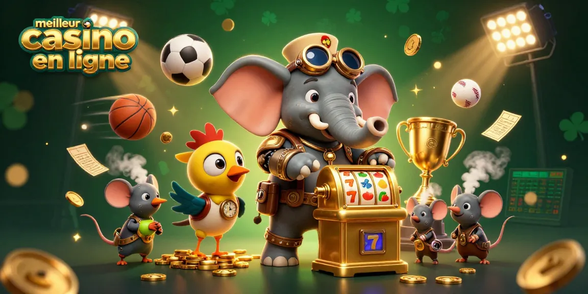 Découvrez le meilleur casino en ligne avec cette illustration 3D dynamique, mettant en avant un éléphant steampunk et des éléments de jeux d'argent.