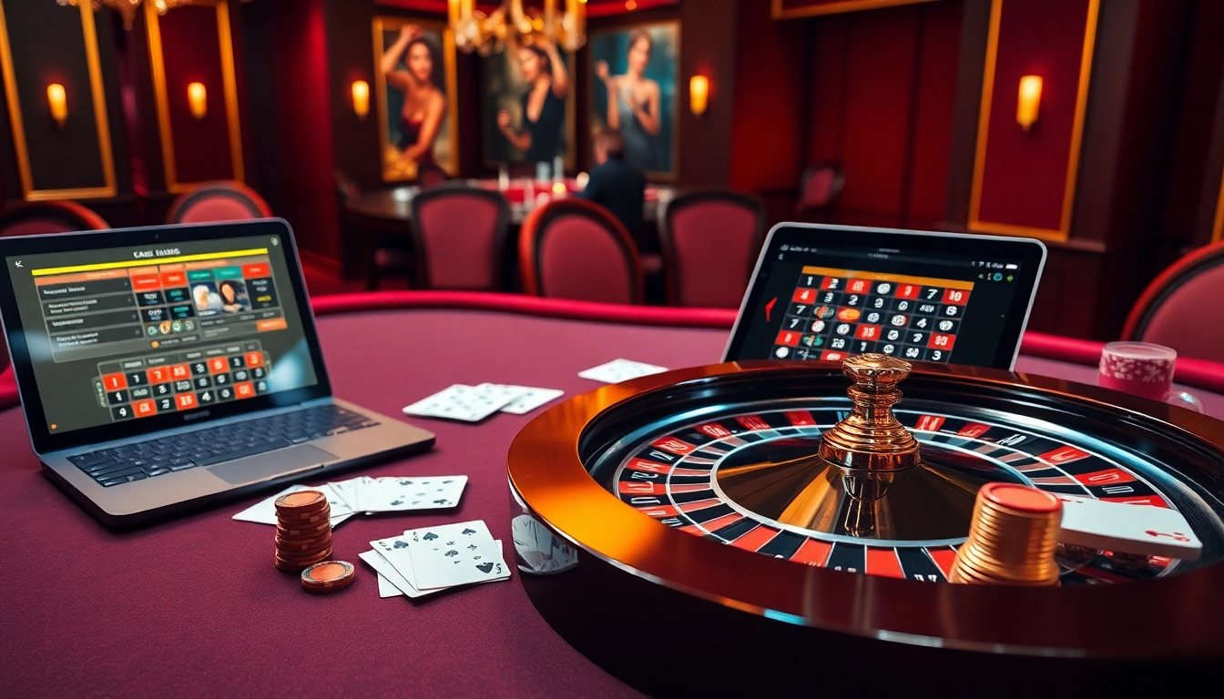 Images d'une expérience de casino en ligne luxueuse avec roulette, cartes et jetons mettant en avant le casino fiable en ligne.