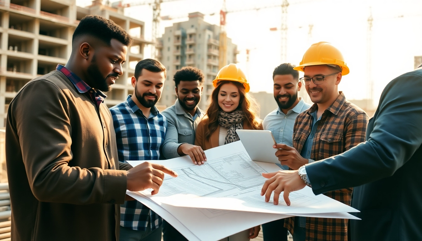 Engaging group discussing construction leadership programs with blueprints at a site.
