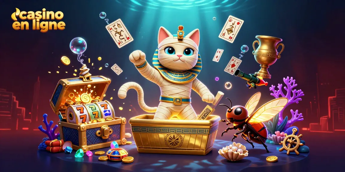 Découvrez le casino en ligne avec une illustration 3D captivante, incorporant des éléments de jeu et de trésor.