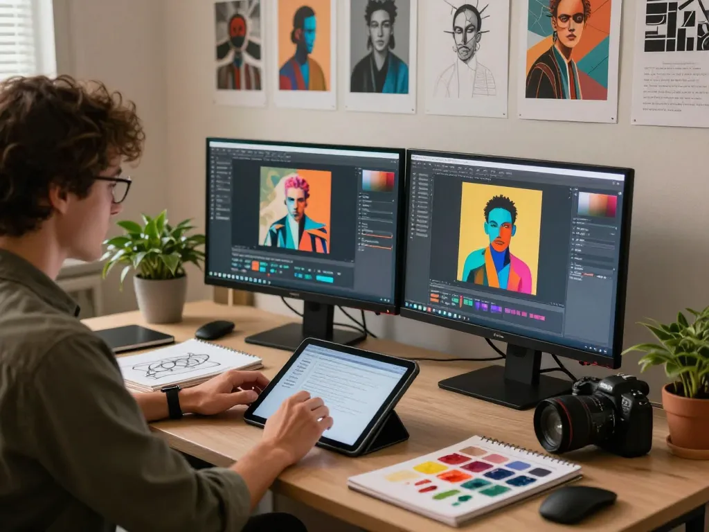 Artist using digital tools to create an image to prompt transformation in a vibrant studio