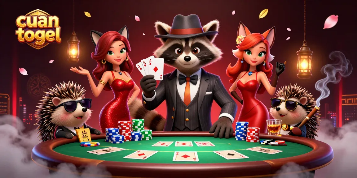 Win big in cuan togel with a raccoon, fox, and hedgehog in a vibrant casino scene.