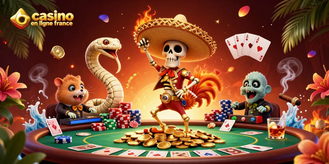 Casino en ligne France : ambiance festive avec une danse de victoire et des jeux de poker